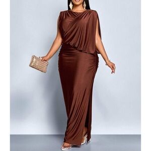 Plus Brown Ruched Draped Fitted Maxi Dress 1X 2X 3X 4X